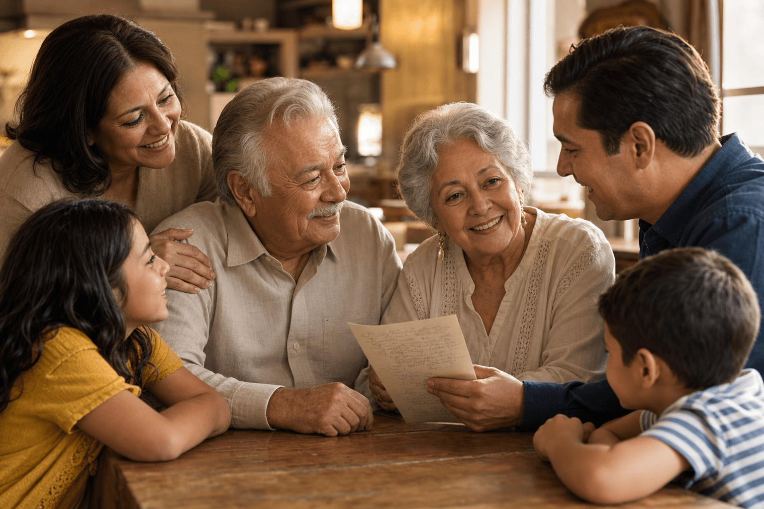 Warm multigenerational family having a meaningful conversation around the kitchen table for monthly covenant review