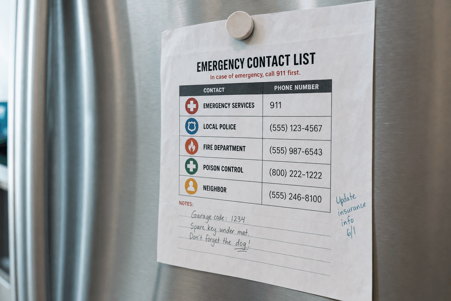 Emergency checklist posted on kitchen cabinet door