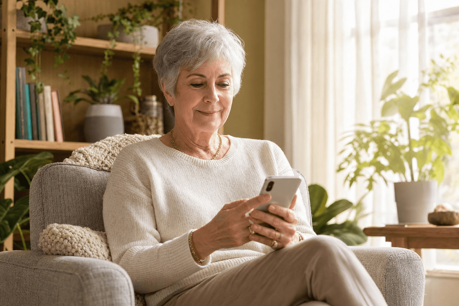 Senior in a sunlit home looking at her phone with a calm, empowered expression while listening to the guided training audio track