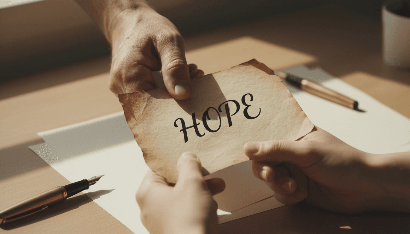A handwritten note with one word between two pairs of hands