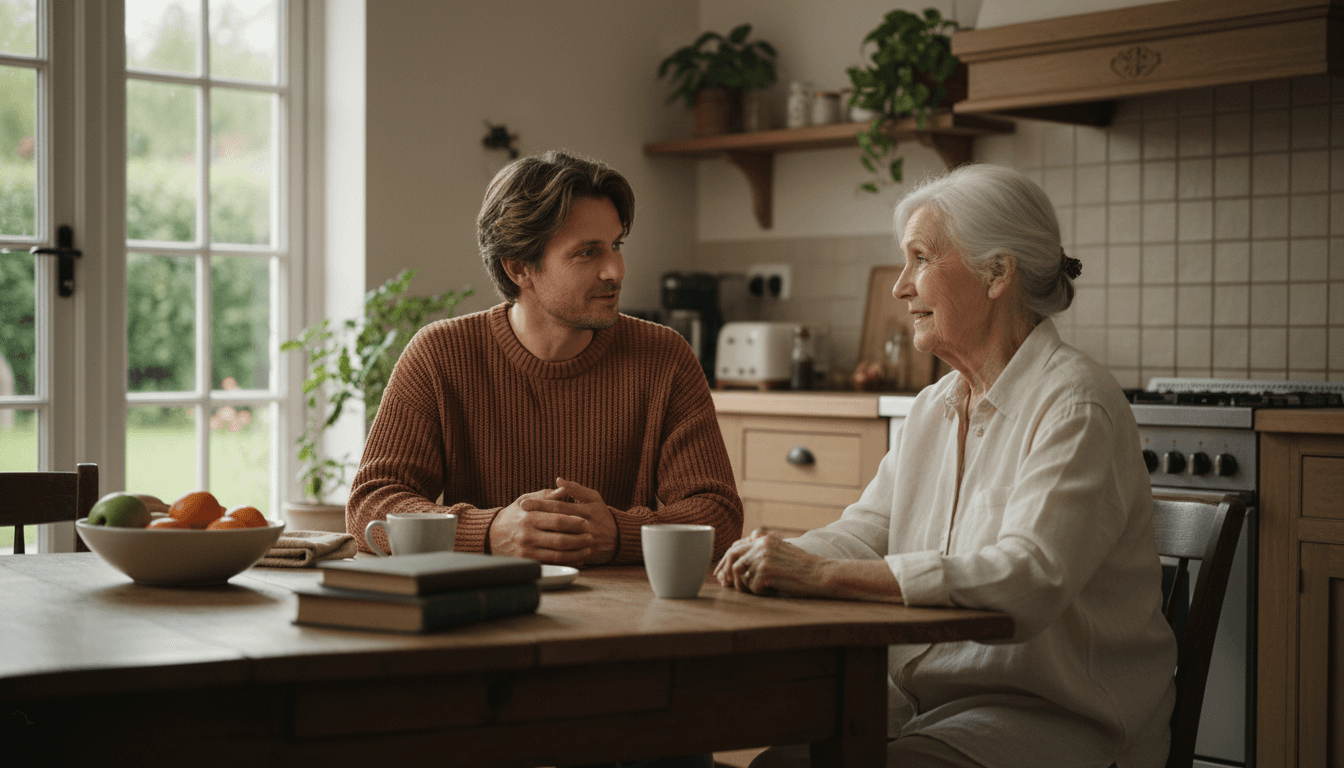 Adult child and elderly parent having a calm conversation at a kitchen table