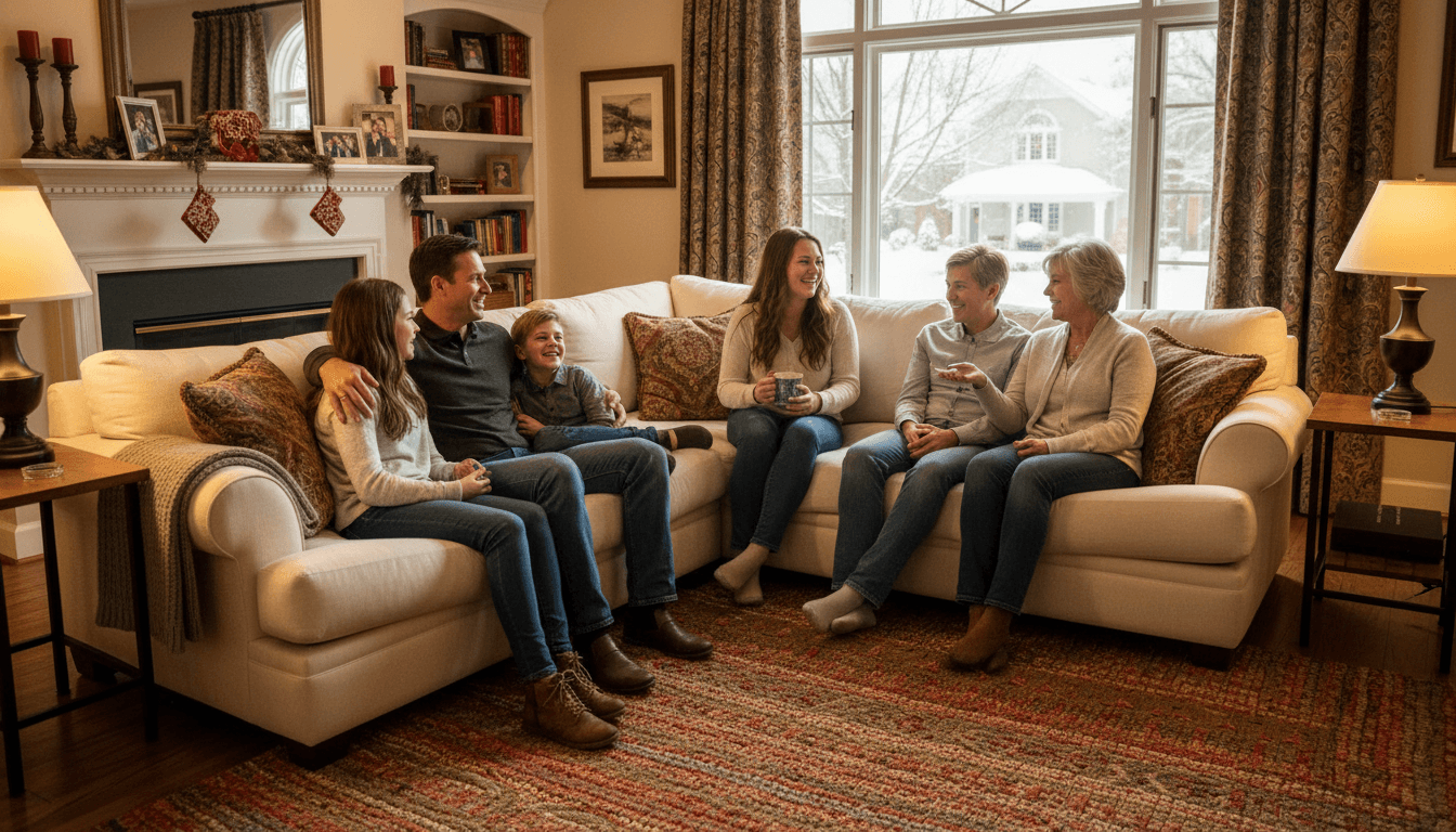 family sitting together in a warm living room talking and smiling naturally