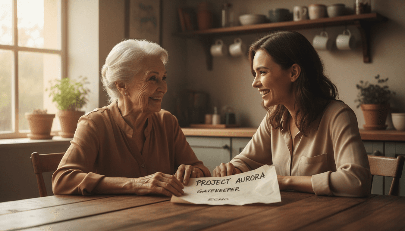 Elderly mother and daughter smiling at a kitchen table with a handwritten code word list
