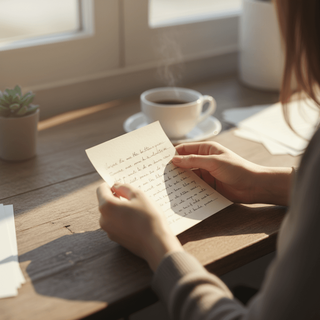 Senior's hands holding a handwritten note on a sunlit kitchen table