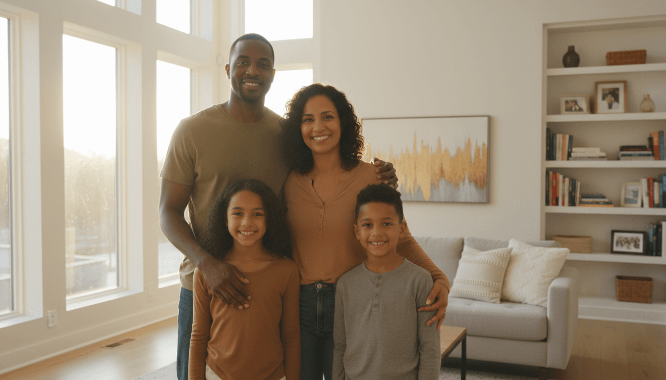 Multi-generational family in a sunlit living room