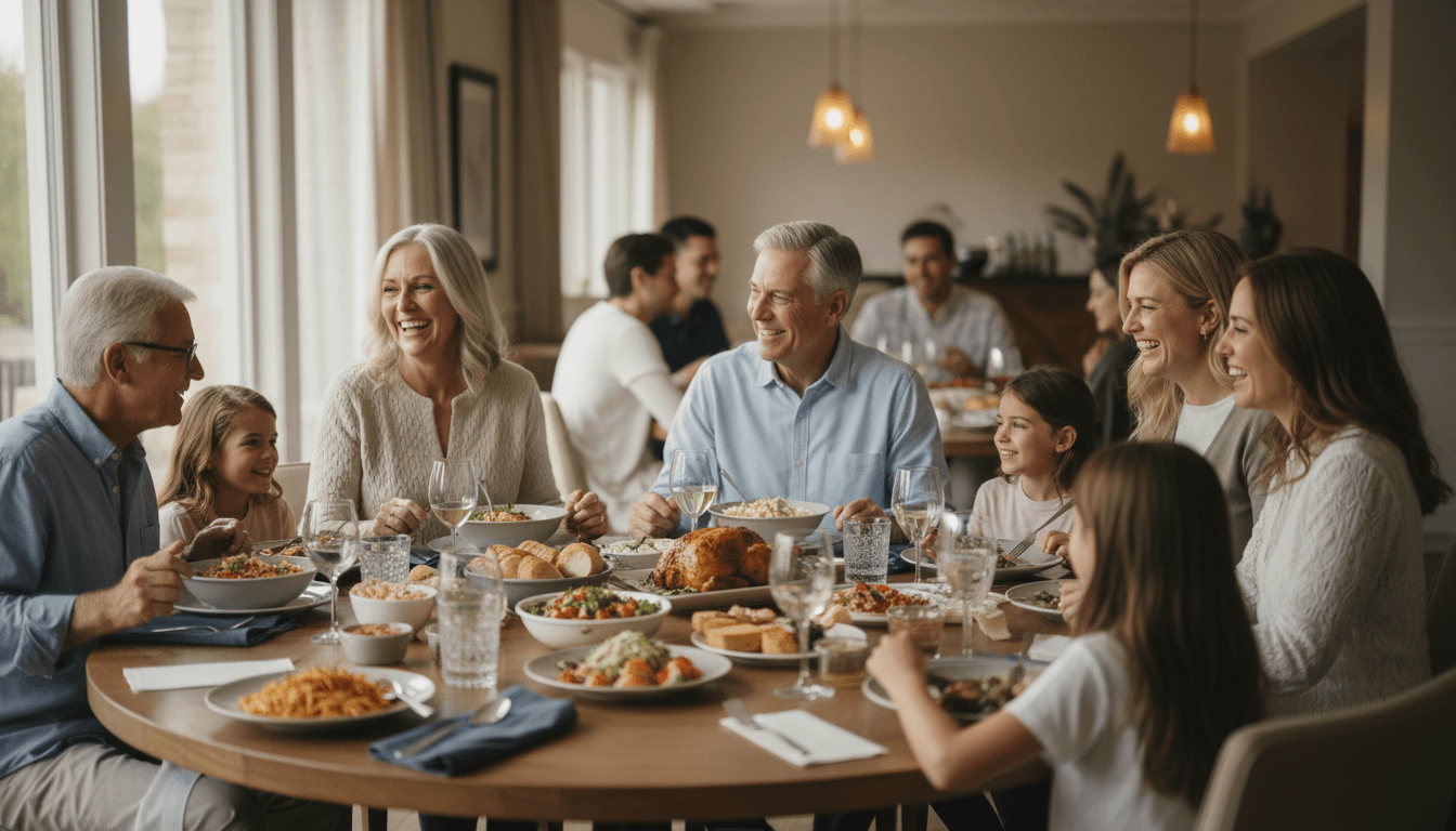 Multi-generational family seated at a dining table reviewing a printed protocol card