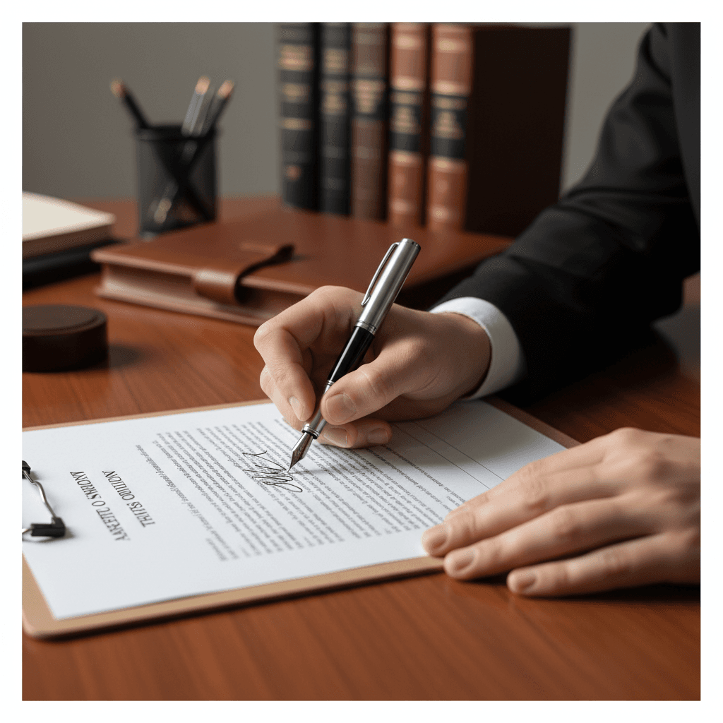 Hands signing a paper document on a wooden table
